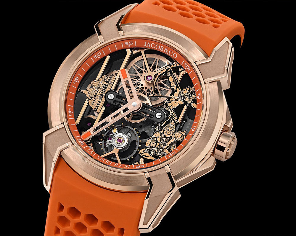 Luxury full Automatic Shree Ram Edition Watch for Men– Women Heavy Open Machine Design with Orange Straps, Shri Ram ji & Hanuman ji Artwork, – Rose Gold Finish