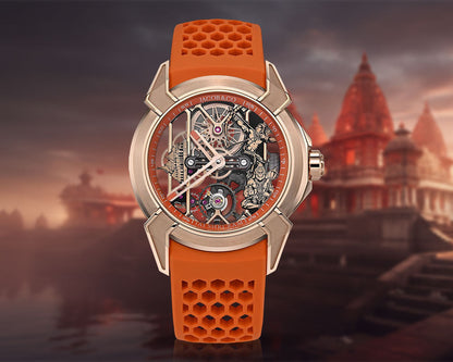 Luxury full Automatic Shree Ram Edition Watch for Men– Women Heavy Open Machine Design with Orange Straps, Shri Ram ji & Hanuman ji Artwork, – Rose Gold Finish